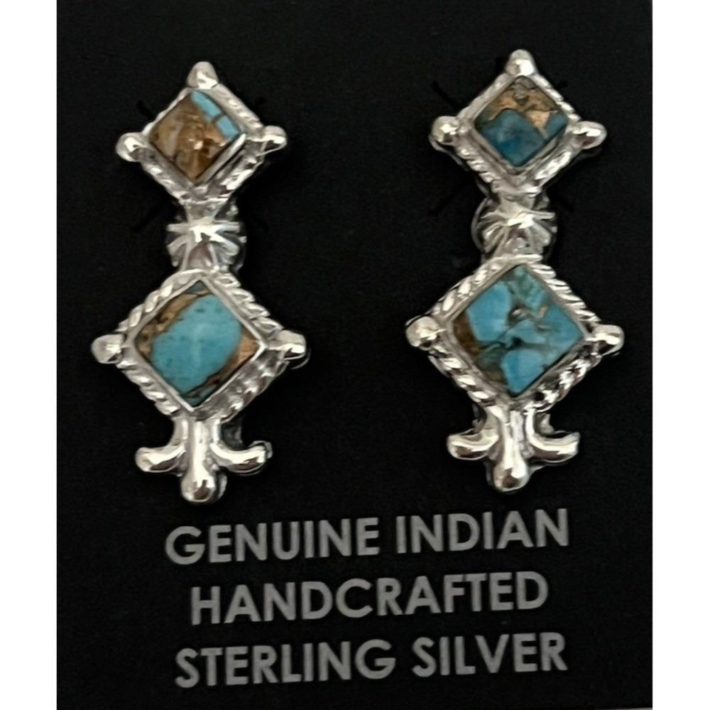 Navajo Native American Sadie Jim Sterling Silver Turquoise Spiny Earrings Post - Picture 8 of 9
